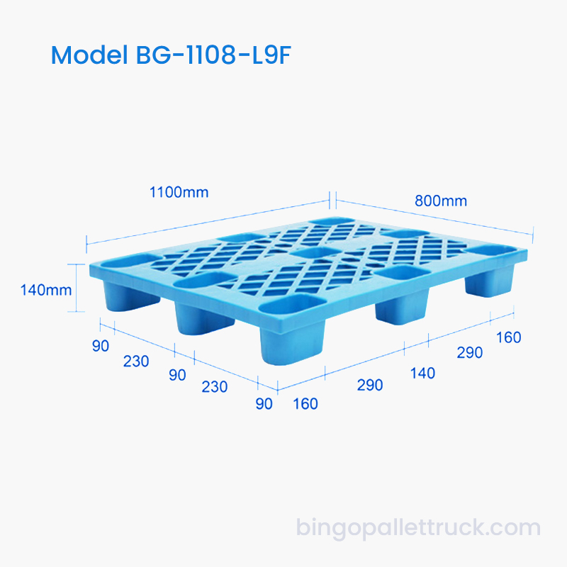 Palete de plástico leve de 1100x800mm com entrada de 4 vias para porta-paletes