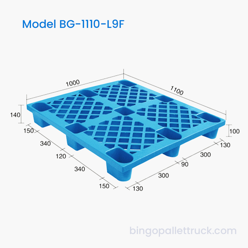 Palete de plástico de 9 pernas de face única 1100x1000mm para operações de cadeia de frio e logística