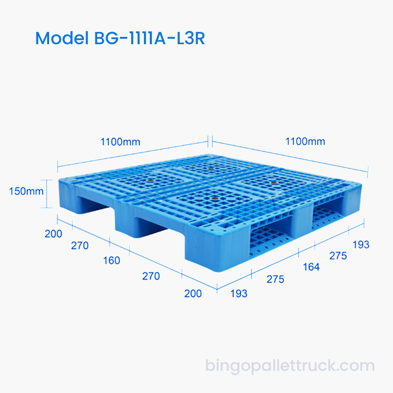 Palete de plástico de 3 corredores com entrada de 4 vias 1100×1100mm