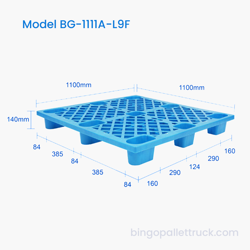 Palete de plástico de 9 pernas para serviços leves de 1100x1100mm com entrada de 4 vias para porta-paletes