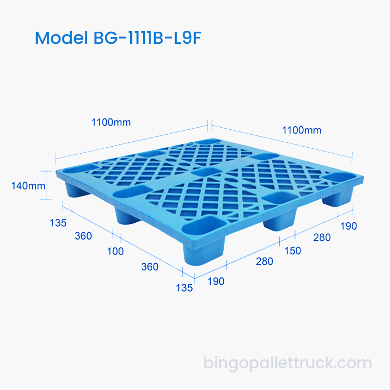 Palete de plástico de 9 pernas 1100x1100mm otimizada para uso em empilhadeiras e paletes
