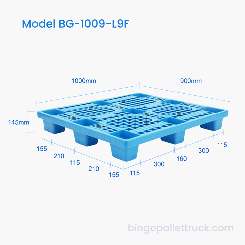 Palete de plástico para serviços leves de face única 1000x900mm com plataforma de grade e 9 pés