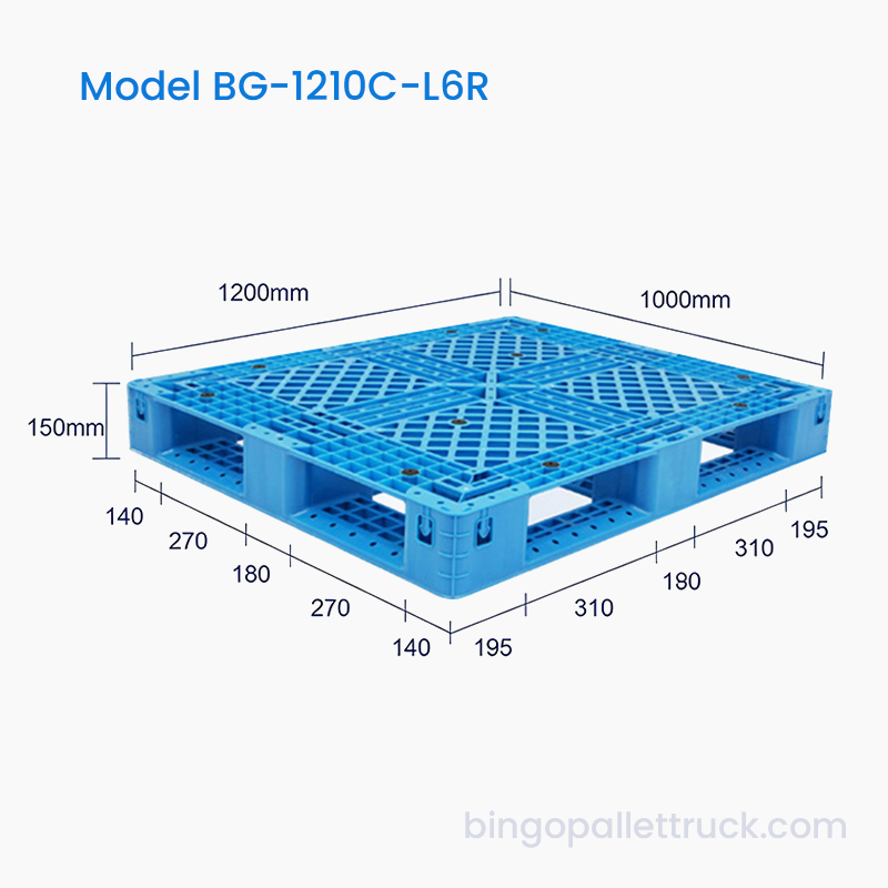 Palete plástica de seis corredores 1200x1000mm compatível com empilhadeiras